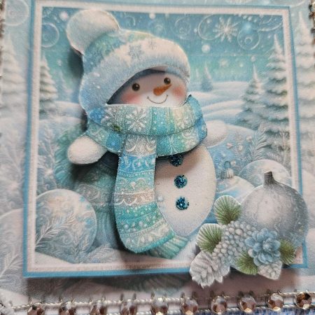 Hand made blue & silver snowman decoupage christmas card 12.5cm x 12.5cm