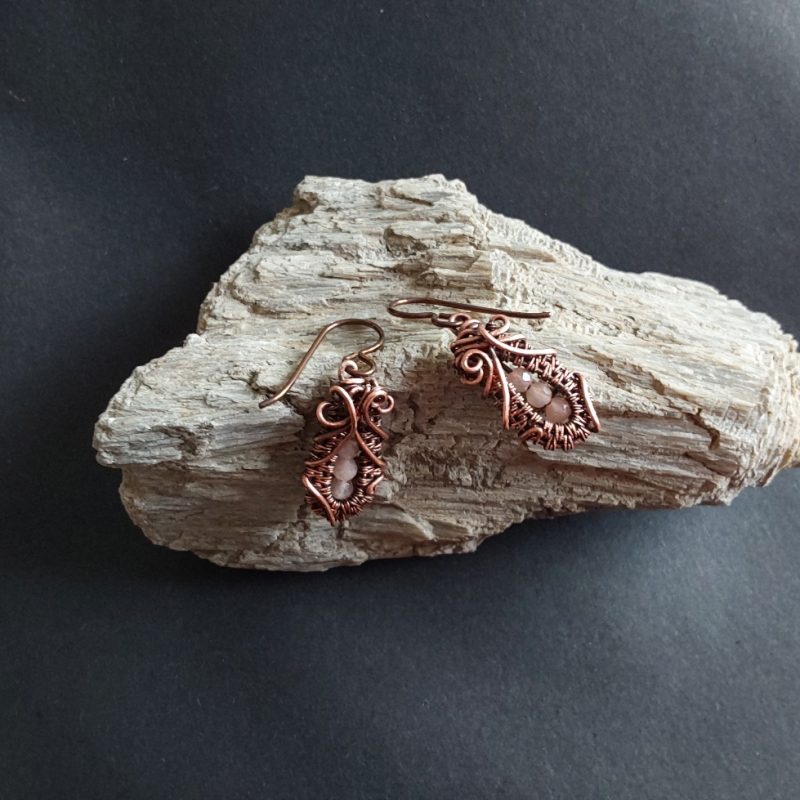 Faceted Peach Moonstone 'Ballet Shoe' style earrings with hypoallergenic ear wires. The wire weave component of each earring is approximately 1/2 an inch (2cm) in length plus ear wire length of 2 cm.