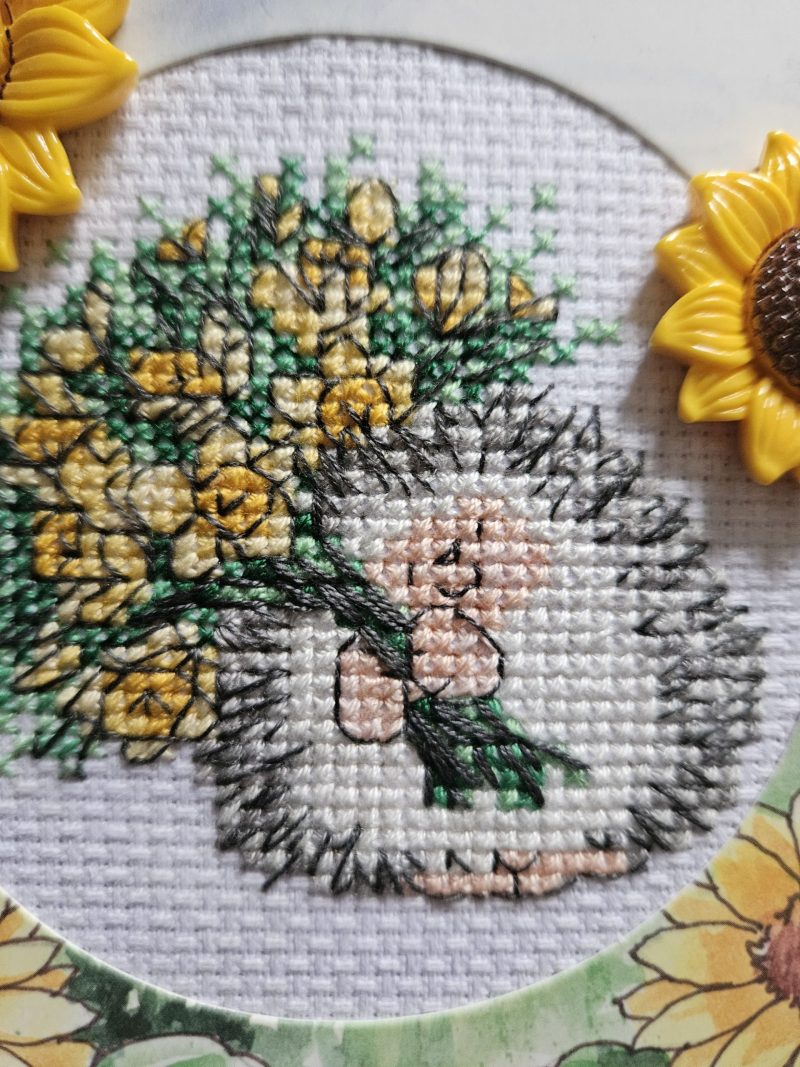 Hedgehog & sunflowers hand made cross stitched greetings card. 12cm x 12cm