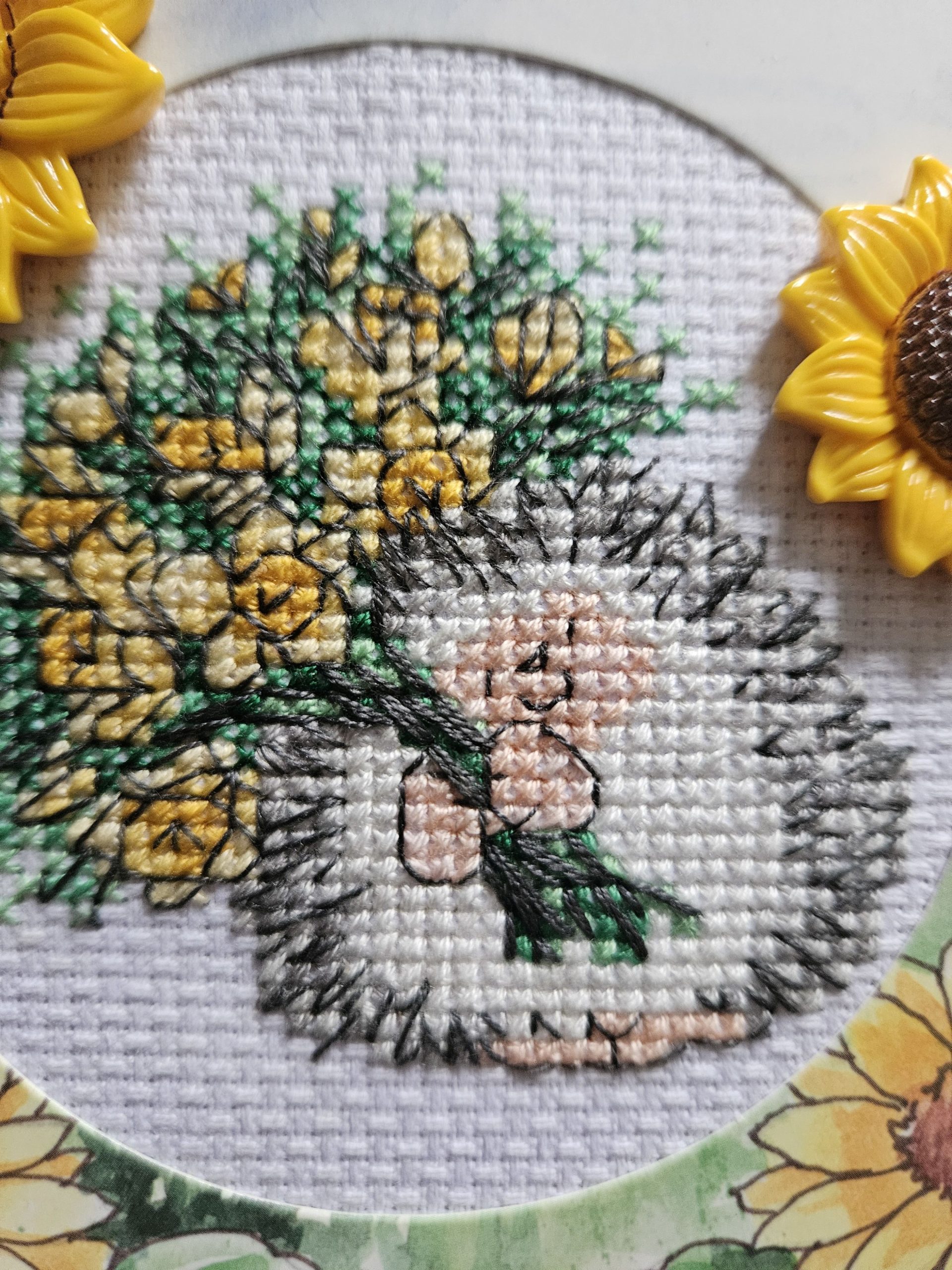Hedgehog & sunflowers hand made cross stitched greetings card. 12cm x 12cm