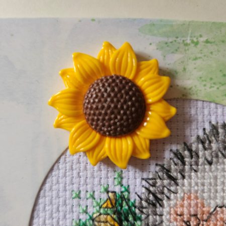 Hedgehog & sunflowers hand made cross stitched greetings card. 12cm x 12cm
