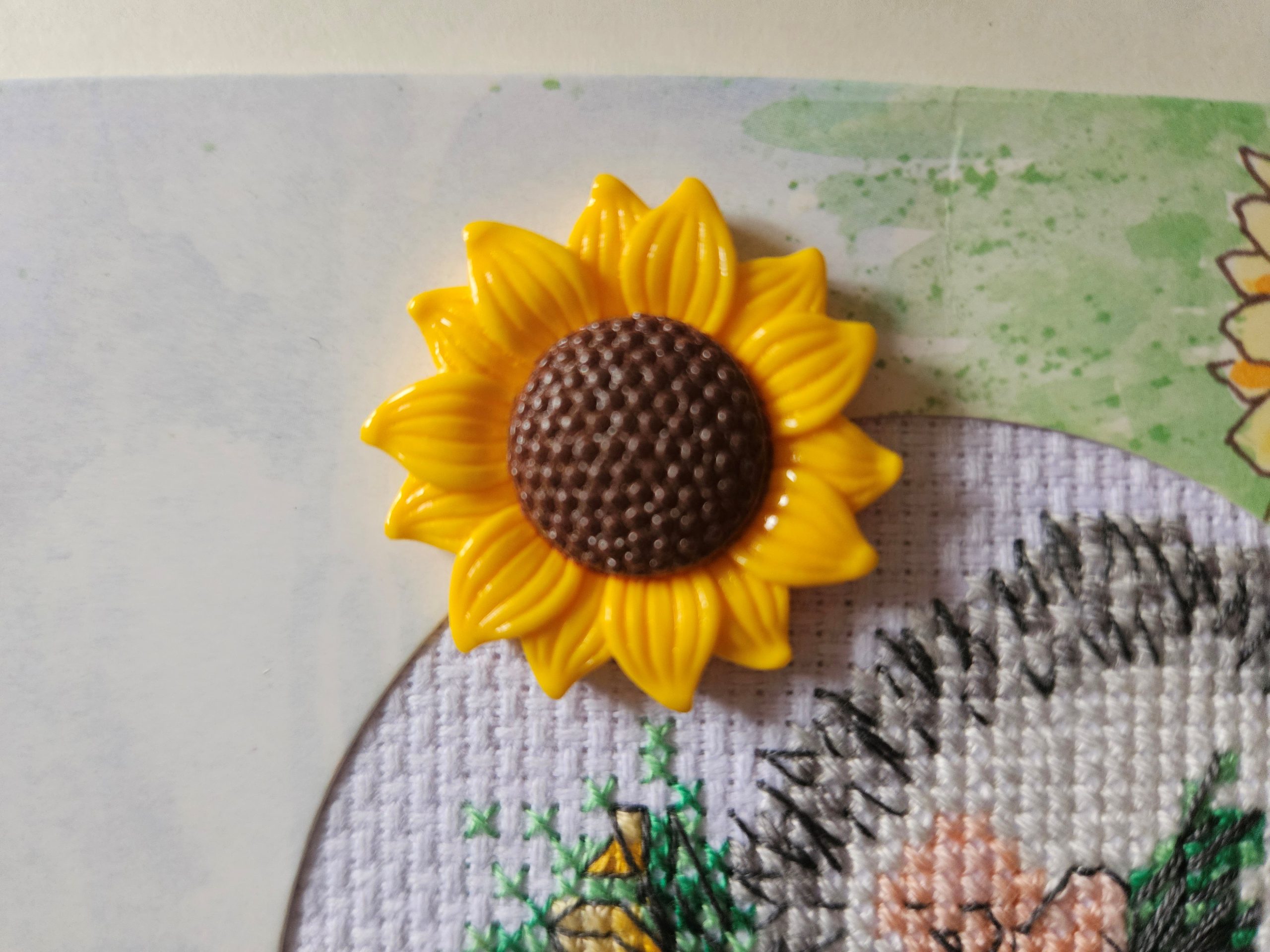 Hedgehog & sunflowers hand made cross stitched greetings card. 12cm x 12cm