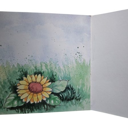 Hedgehog & sunflowers hand made cross stitched greetings card. 12cm x 12cm