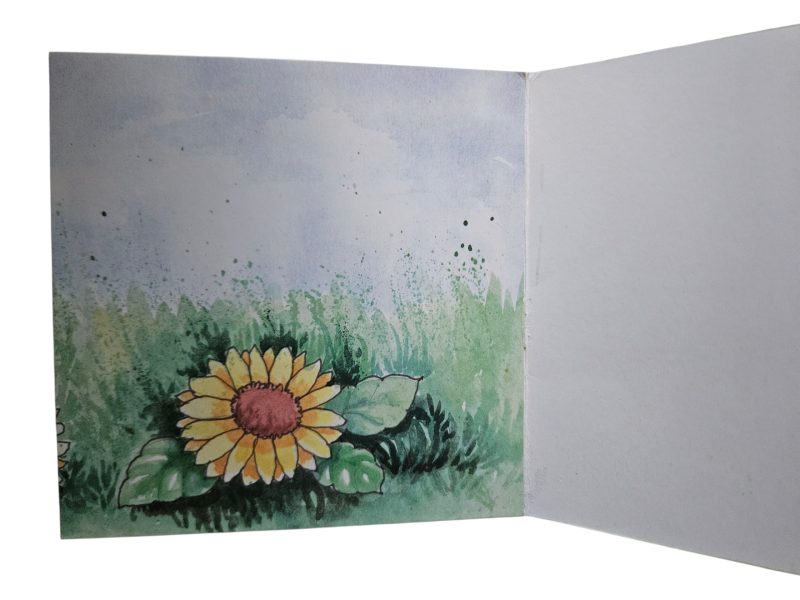 Hedgehog & sunflowers hand made cross stitched greetings card. 12cm x 12cm