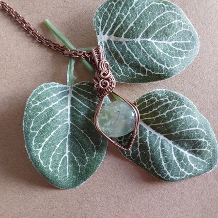 Copper wire wrapped Phrenite, non-tarnishing pendant and chain
