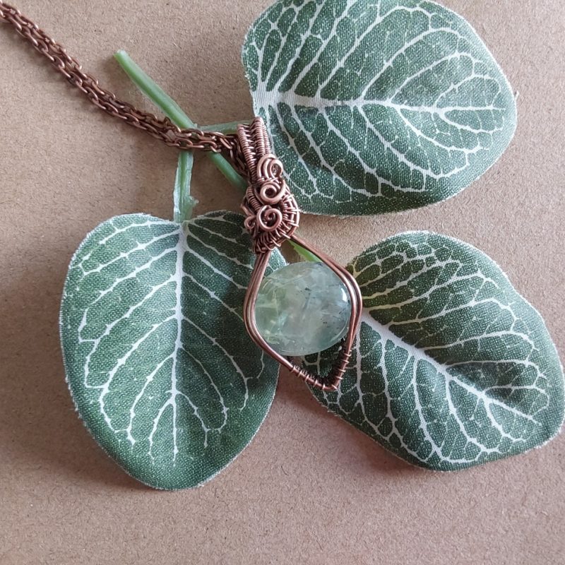 Copper wire wrapped Phrenite, non-tarnishing pendant and chain