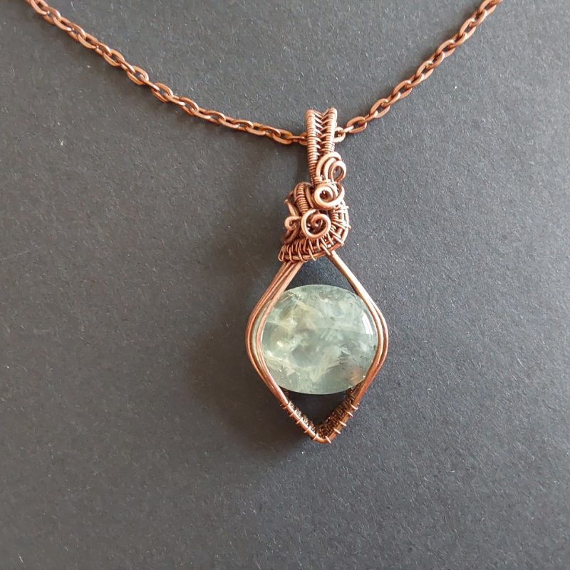 Copper wire wrapped Phrenite, non-tarnishing pendant and chain