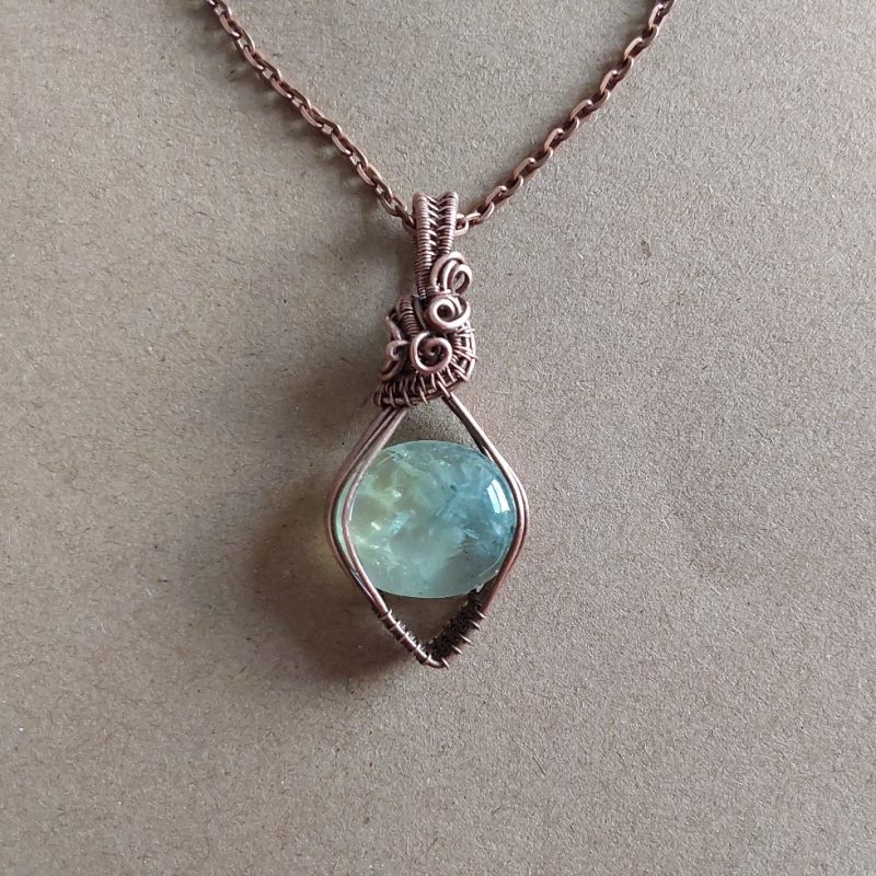 Copper wire wrapped Phrenite, non-tarnishing pendant and chain