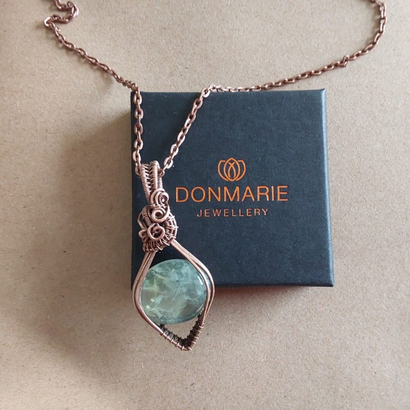 Copper wire wrapped Phrenite, non-tarnishing pendant and chain