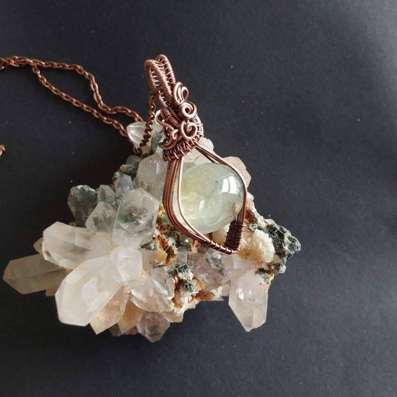 Copper wire wrapped Phrenite, non-tarnishing pendant and chain
