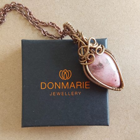 Copper wire wrapped Rhodonite non-tarnishing pendant