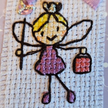 Lilac & vintage nottingham lace cross stitch handbag fairy hand made birthday card 12.5cm x 12.5cm