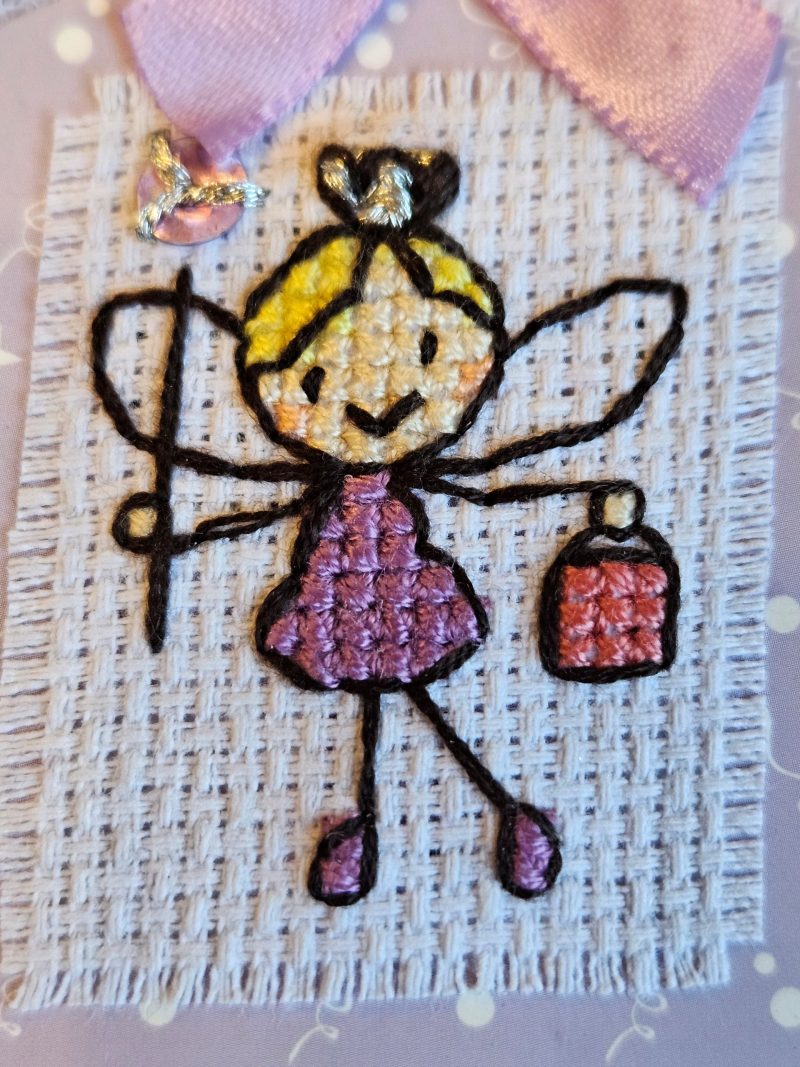 Lilac & vintage nottingham lace cross stitch handbag fairy hand made birthday card 12.5cm x 12.5cm