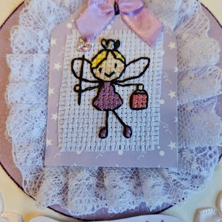 Lilac & vintage nottingham lace cross stitch handbag fairy hand made birthday card 12.5cm x 12.5cm