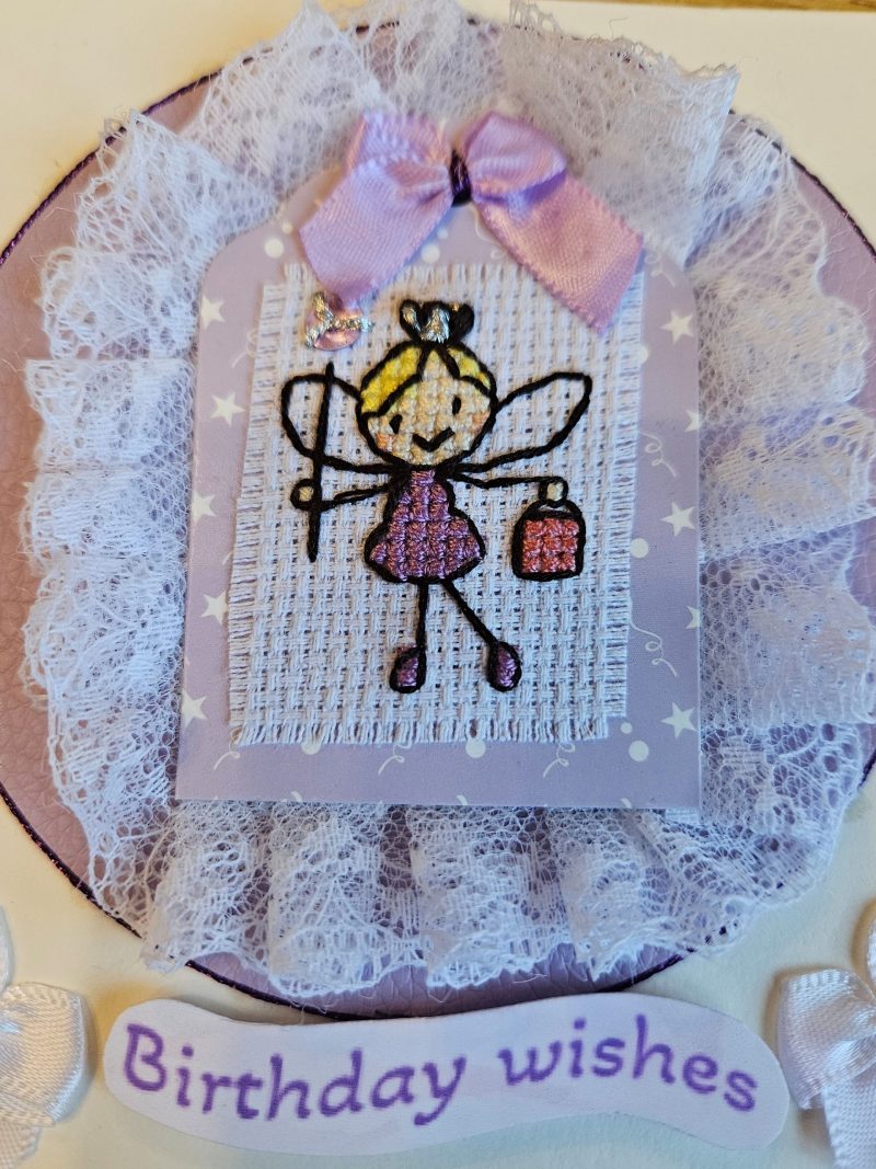 Lilac & vintage nottingham lace cross stitch handbag fairy hand made birthday card 12.5cm x 12.5cm