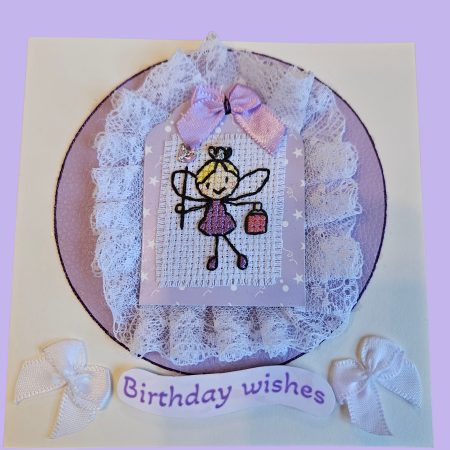 Lilac & vintage nottingham lace cross stitch handbag fairy hand made birthday card 12.5cm x 12.5cm