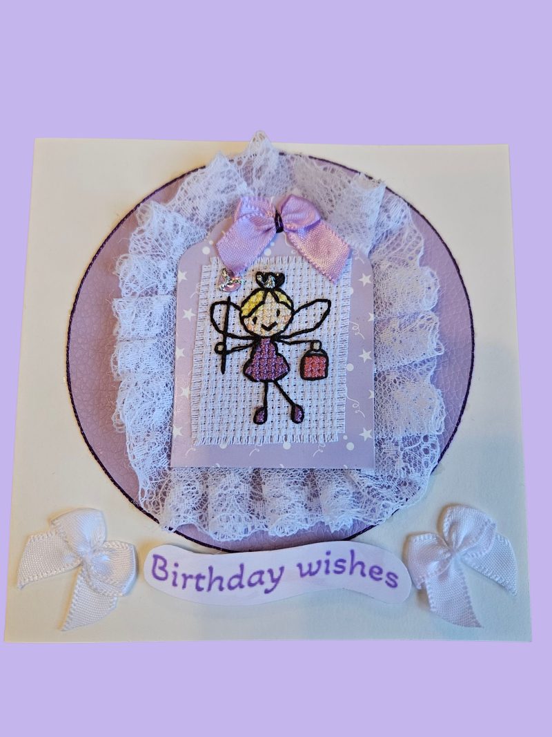 Lilac & vintage nottingham lace cross stitch handbag fairy hand made birthday card 12.5cm x 12.5cm
