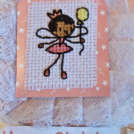 Vintage Nottingham lace cross-stitched hand made balloon fairy brithday card. 12.5cm x 12.5cm