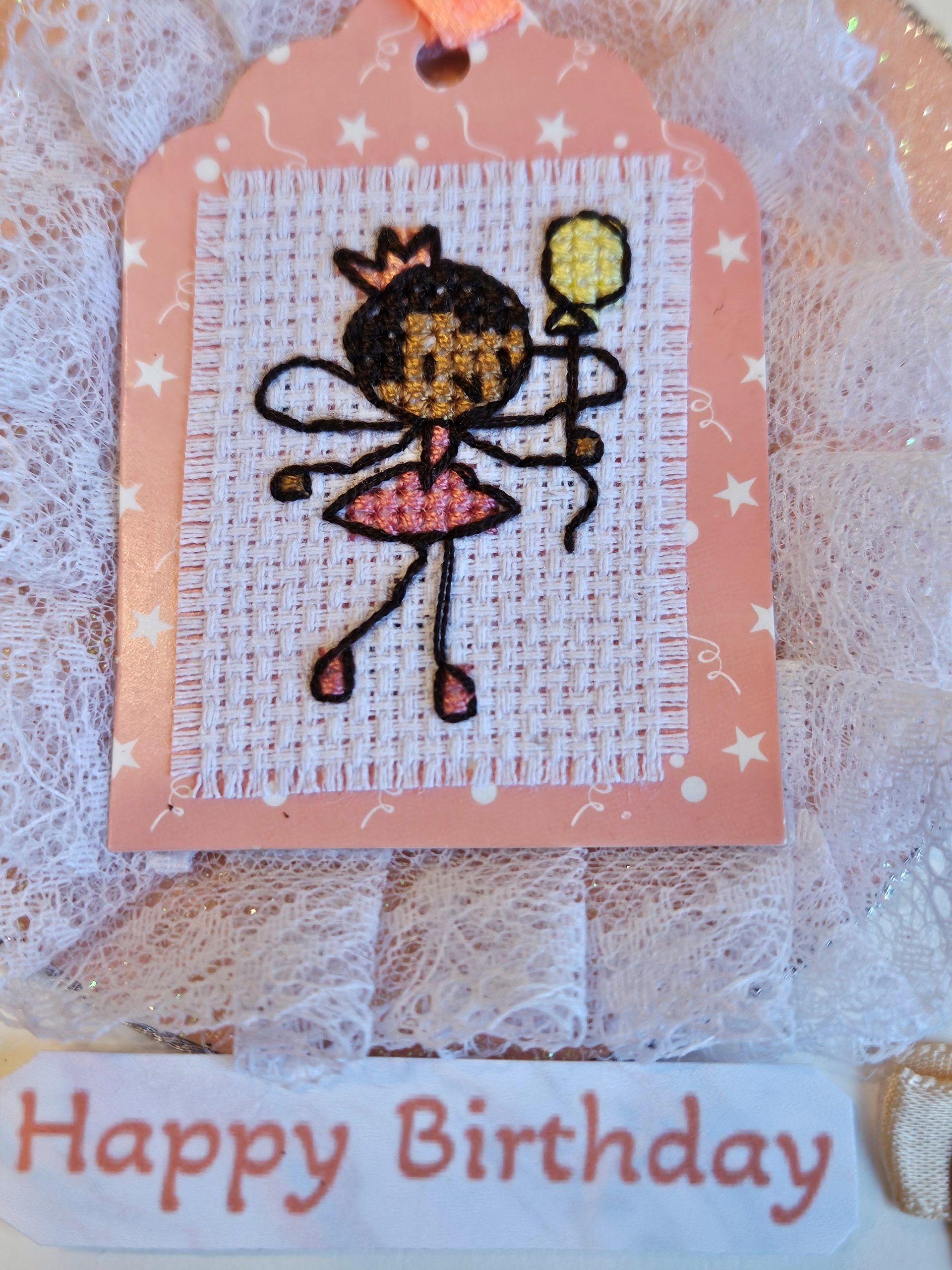 Vintage Nottingham lace cross-stitched hand made balloon fairy brithday card. 12.5cm x 12.5cm