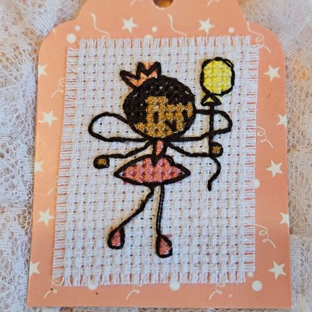 Vintage Nottingham lace cross-stitched hand made balloon fairy brithday card. 12.5cm x 12.5cm