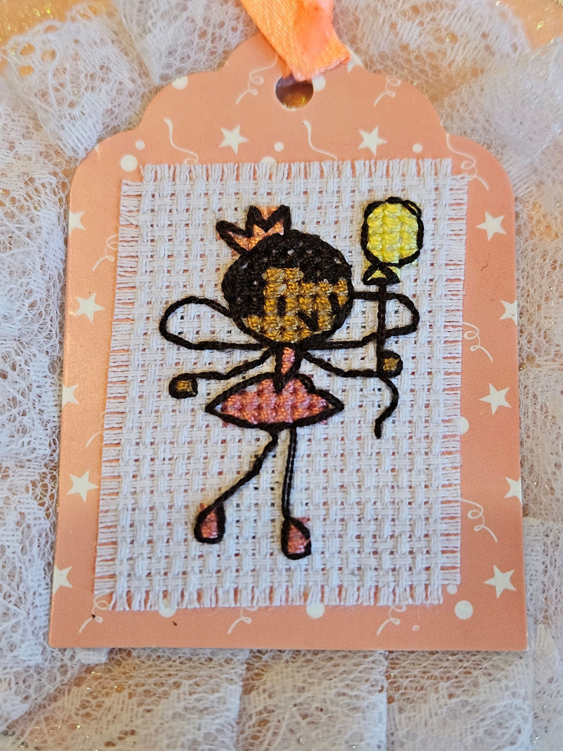 Vintage Nottingham lace cross-stitched hand made balloon fairy brithday card. 12.5cm x 12.5cm