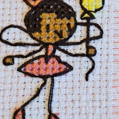 Vintage Nottingham lace cross-stitched hand made balloon fairy brithday card. 12.5cm x 12.5cm