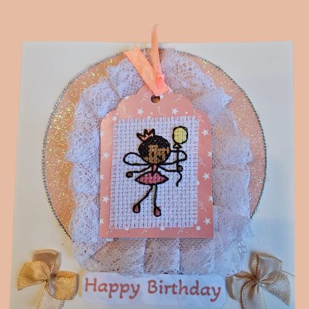 Vintage Nottingham lace cross-stitched hand made balloon fairy brithday card. 12.5cm x 12.5cm