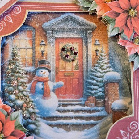 Hand made snowman & poinsettia decoupage christmas card. 12.5 cm x 12.5cm