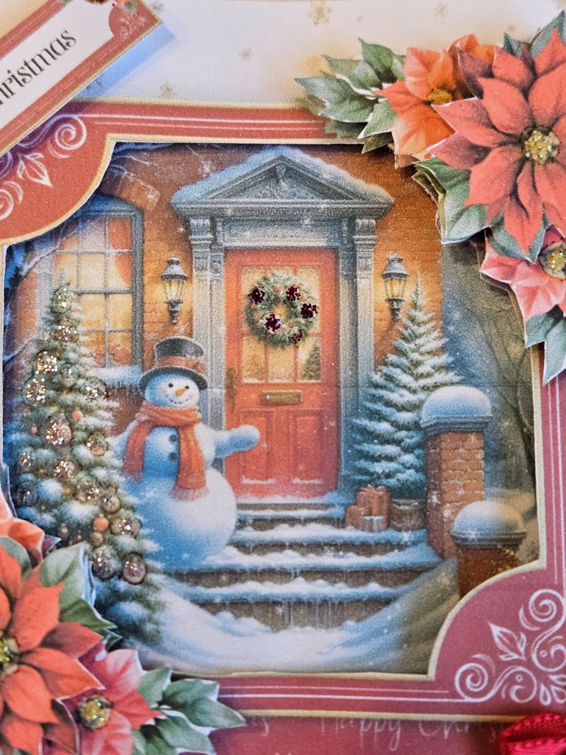 Hand made snowman & poinsettia decoupage christmas card. 12.5 cm x 12.5cm