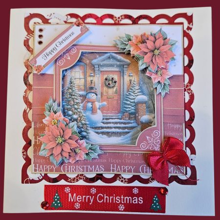 Hand made snowman & poinsettia decoupage christmas card. 12.5 cm x 12.5cm