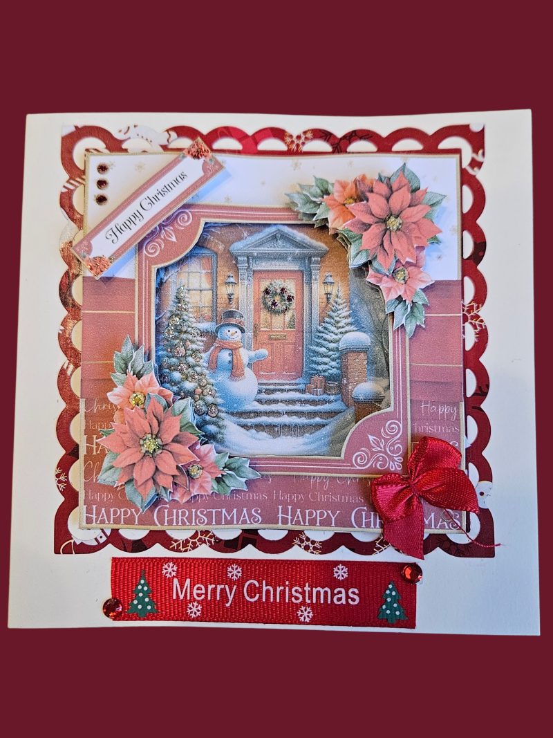 Hand made snowman & poinsettia decoupage christmas card. 12.5 cm x 12.5cm