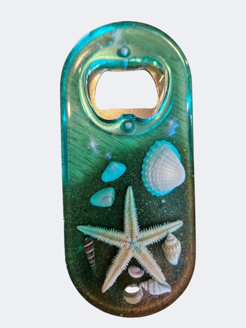 Nautical beach themed resin bottle opener shells & starfish