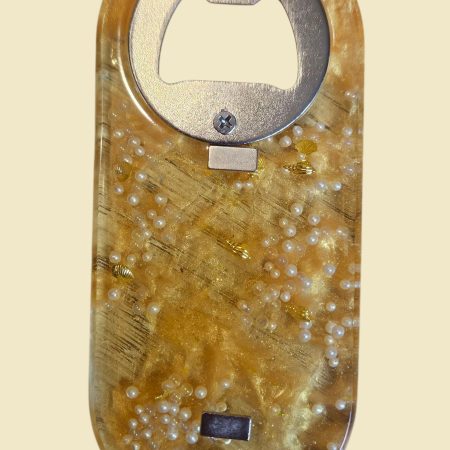 Yellow marbled & golden shells resin magnet bottle opener