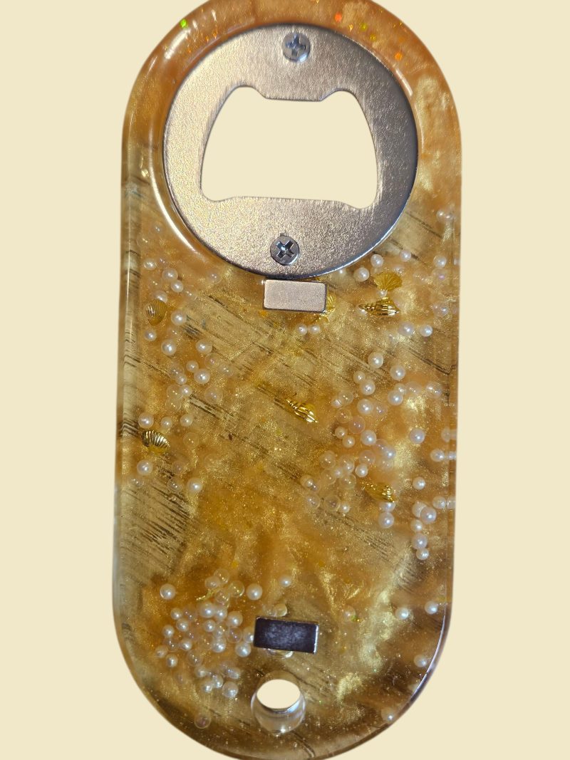 Yellow marbled & golden shells resin magnet bottle opener