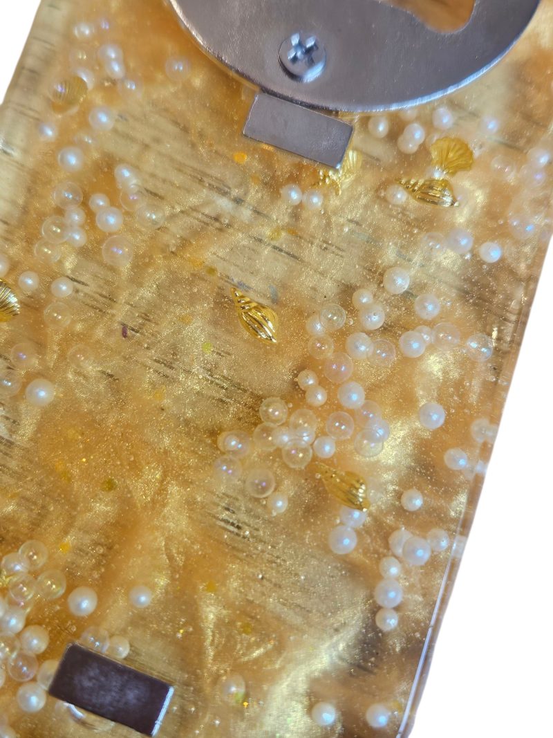 Yellow marbled & golden shells resin magnet bottle opener