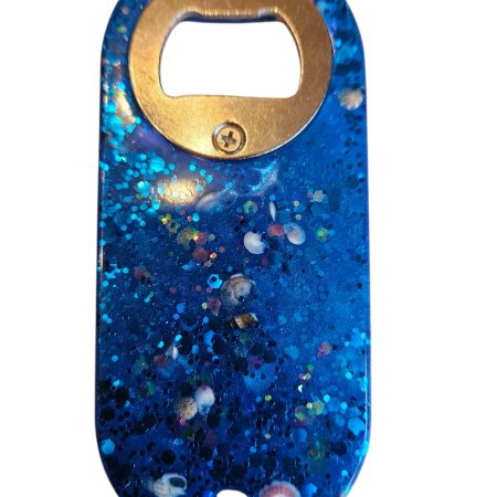 Blue beach themed nautical resin bottle opener with starfish, shells & glitter