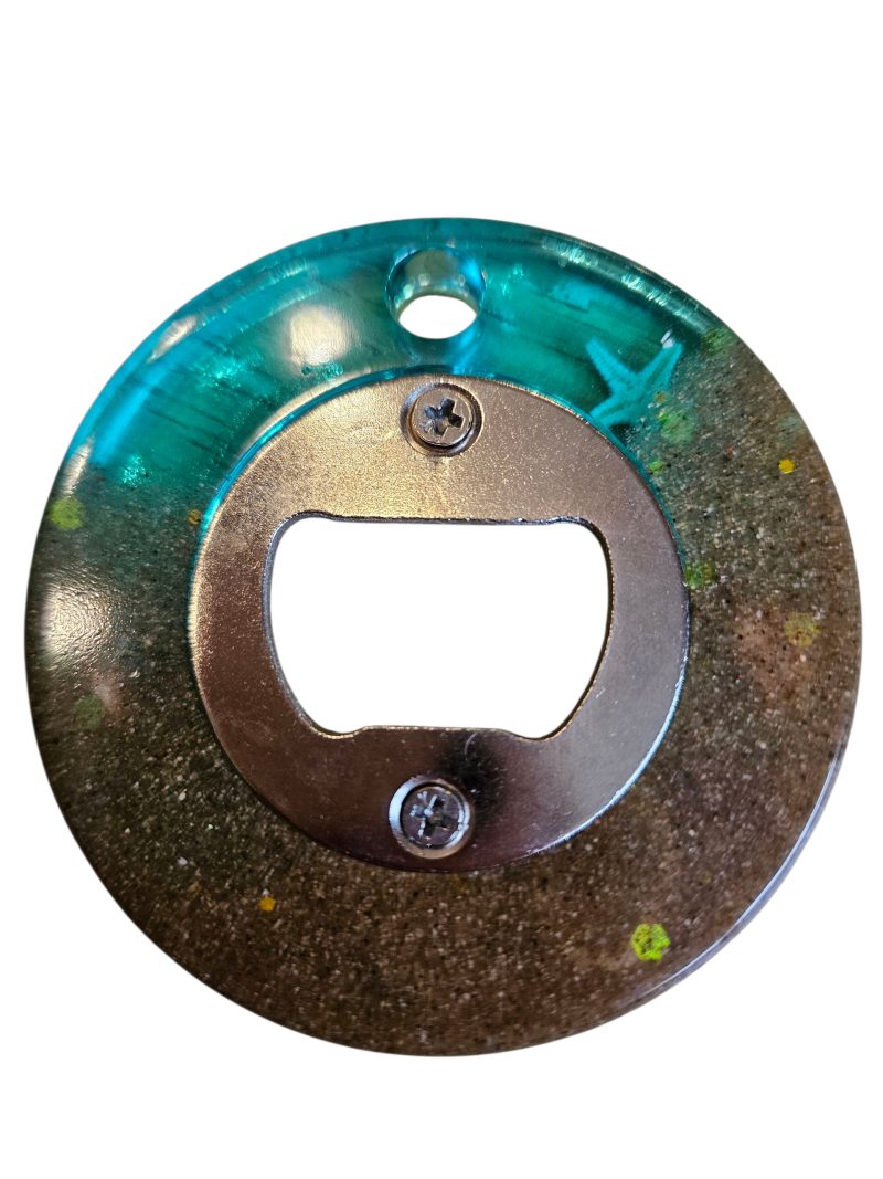 Nautical sea themed resin bottle opener with real sand, sea shells & starfish!