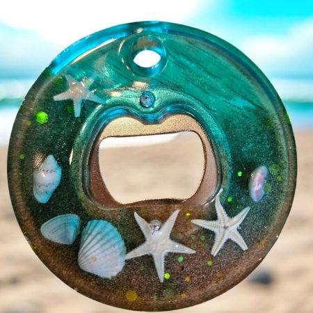 Nautical sea themed resin bottle opener with real sand, sea shells & starfish!