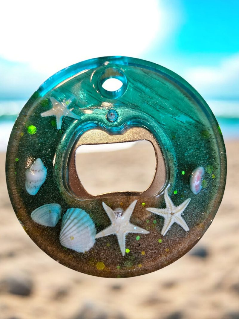 Nautical sea themed resin bottle opener with real sand, sea shells & starfish!
