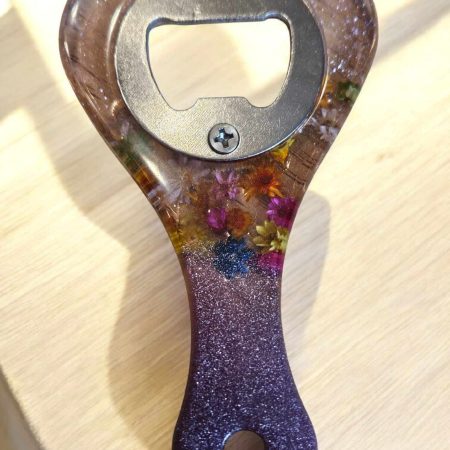 Pink glittery floral resin bottle opener - real dried flowers.