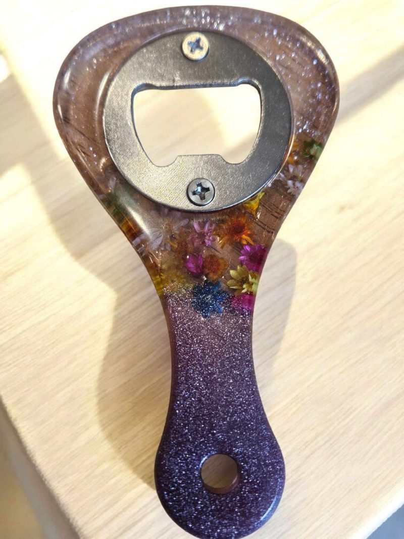 Pink glittery floral resin bottle opener - real dried flowers.