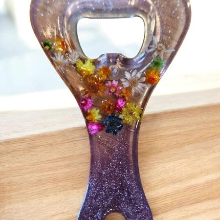 Pink glittery floral resin bottle opener - real dried flowers.