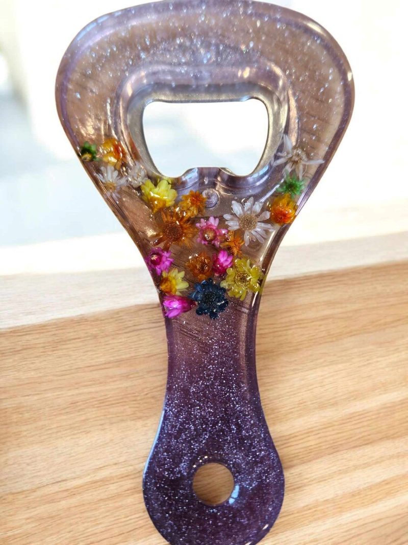 Pink glittery floral resin bottle opener - real dried flowers.