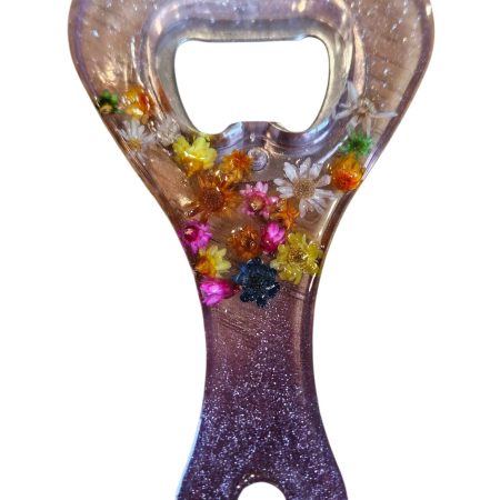 Pink glittery floral resin bottle opener - real dried flowers.