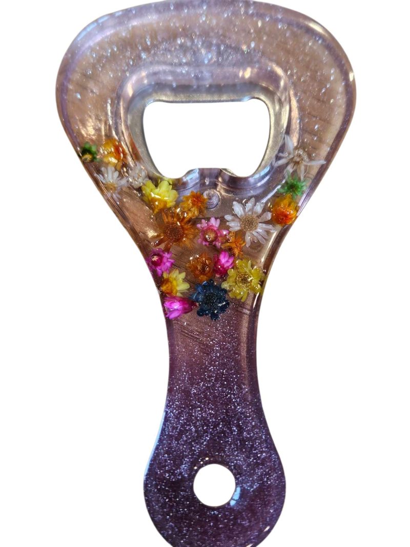 Pink glittery floral resin bottle opener - real dried flowers.