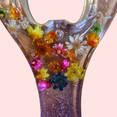 Pink glittery floral resin bottle opener - real dried flowers.