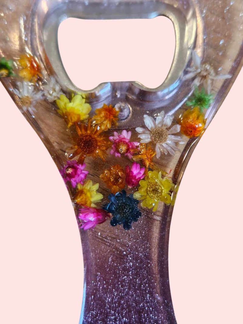 Pink glittery floral resin bottle opener - real dried flowers.