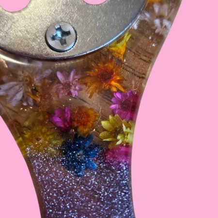 Pink glittery floral resin bottle opener - real dried flowers.