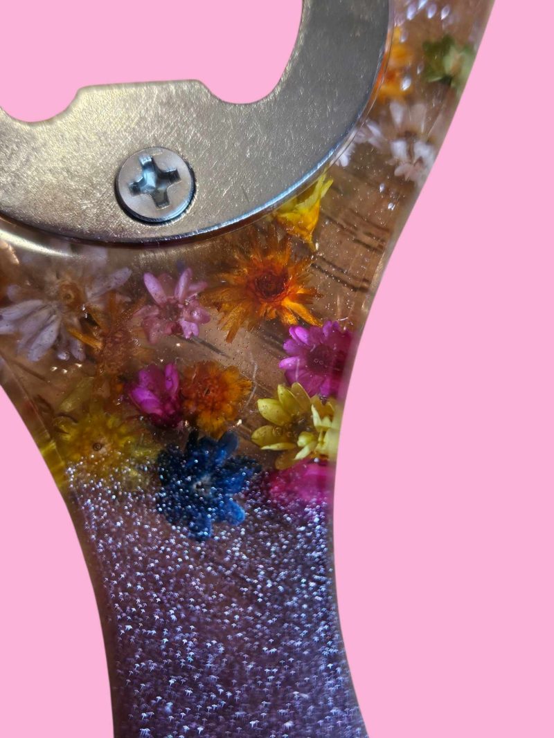 Pink glittery floral resin bottle opener - real dried flowers.