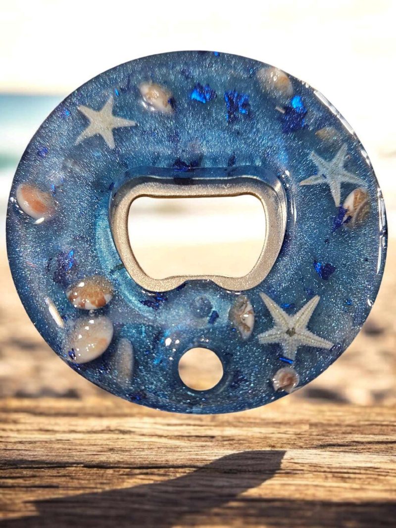 Nautical starfish, sea shell & glitter resin bottle opener